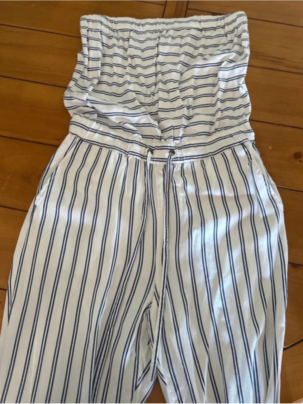 life in progress White and Navy Striped Strapless Jumpsuit